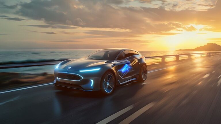 Sleek electric car driving on coastal road, representing the future of EVs and sustainable driving.