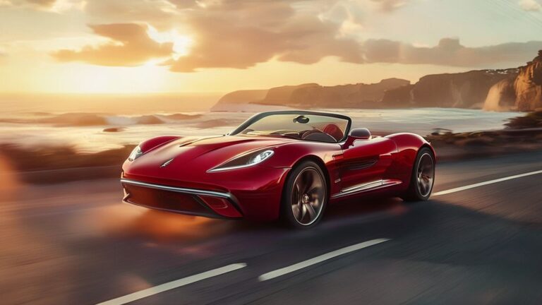 Sleek silver convertible car driving on coastal road at sunset
