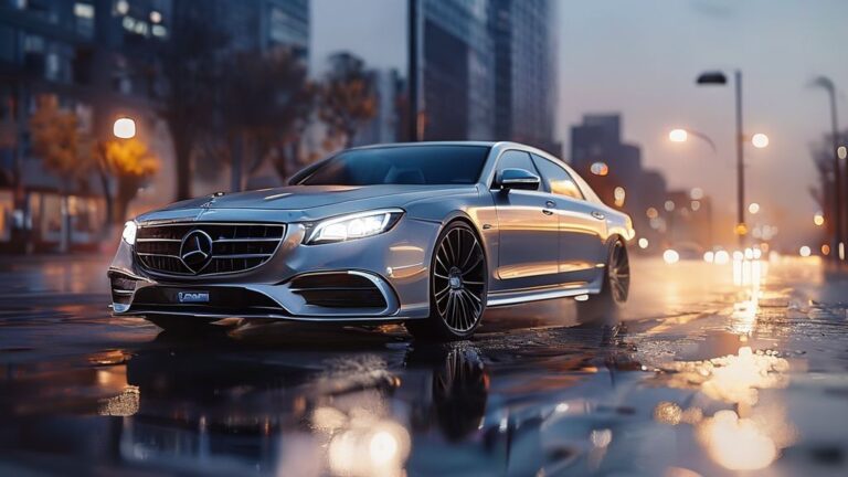 Silver Mercedes S-Class luxury car in urban dusk setting, showcasing premium design and prestige.